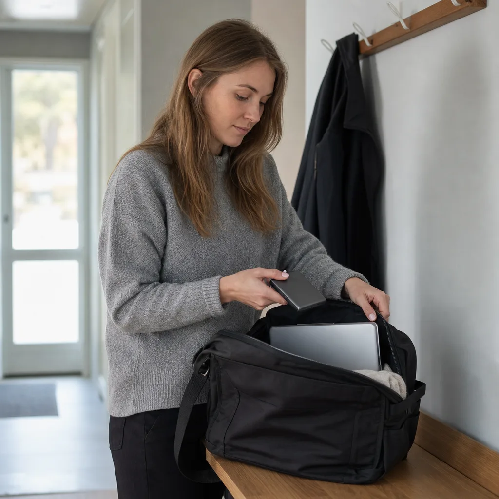 En person packar ner en portabel lagringsenhet tillsammans med en bärbar dator