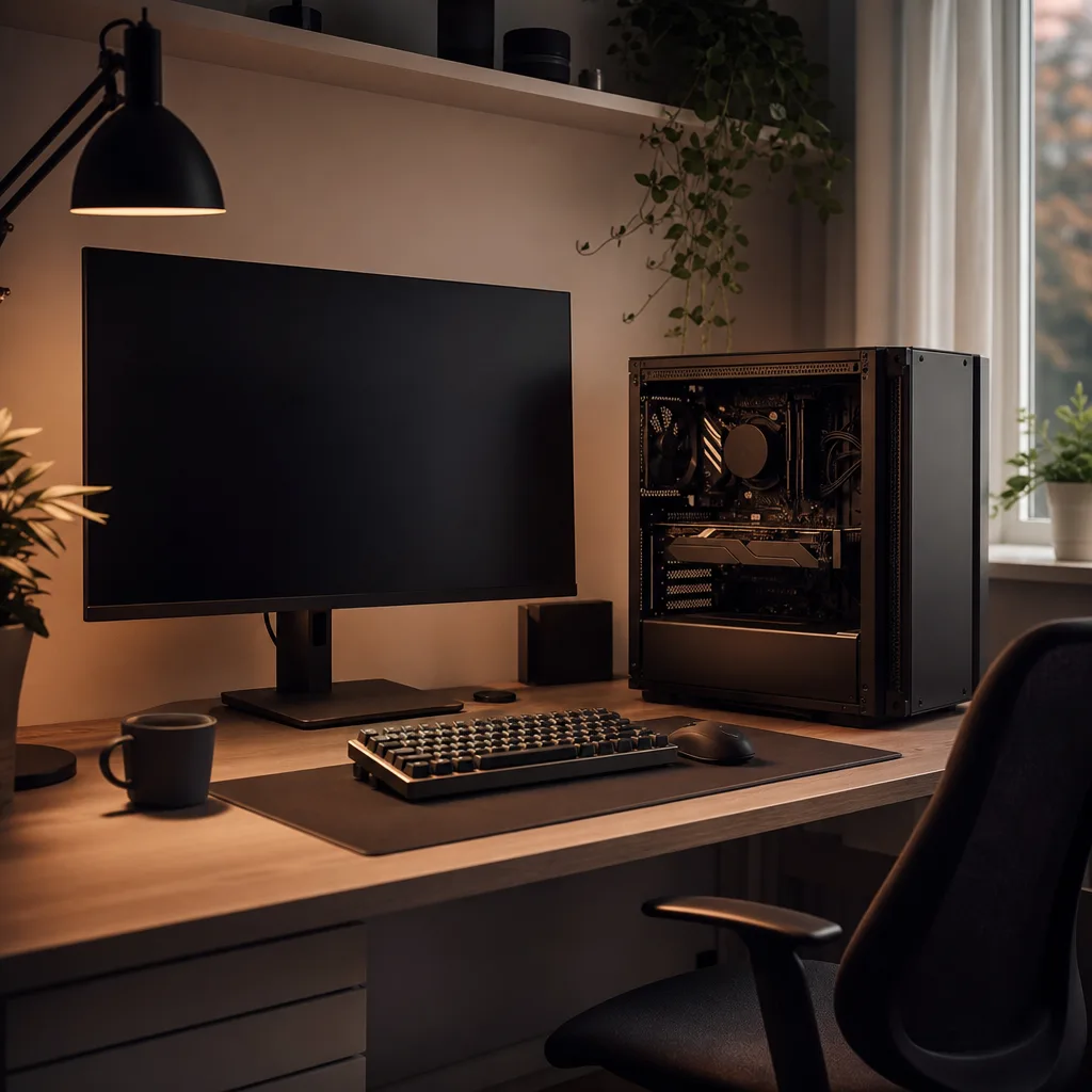 Städat skrivbord för datorspel med öppet datorchassi och generiska komponenter